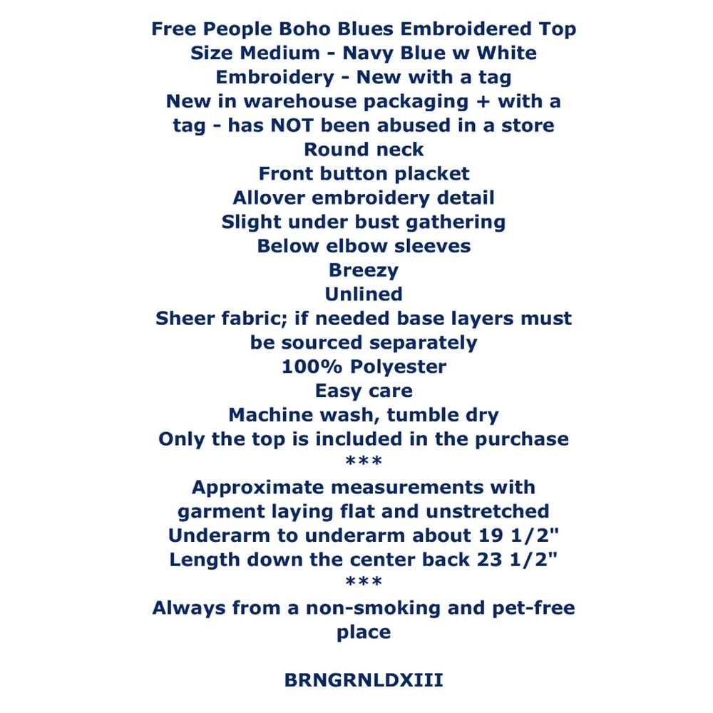 Free People Boho Blues Top Medium 6 8 Navy Bold Embroidery Blouse Shirt Breezy - Picture 2 of 14